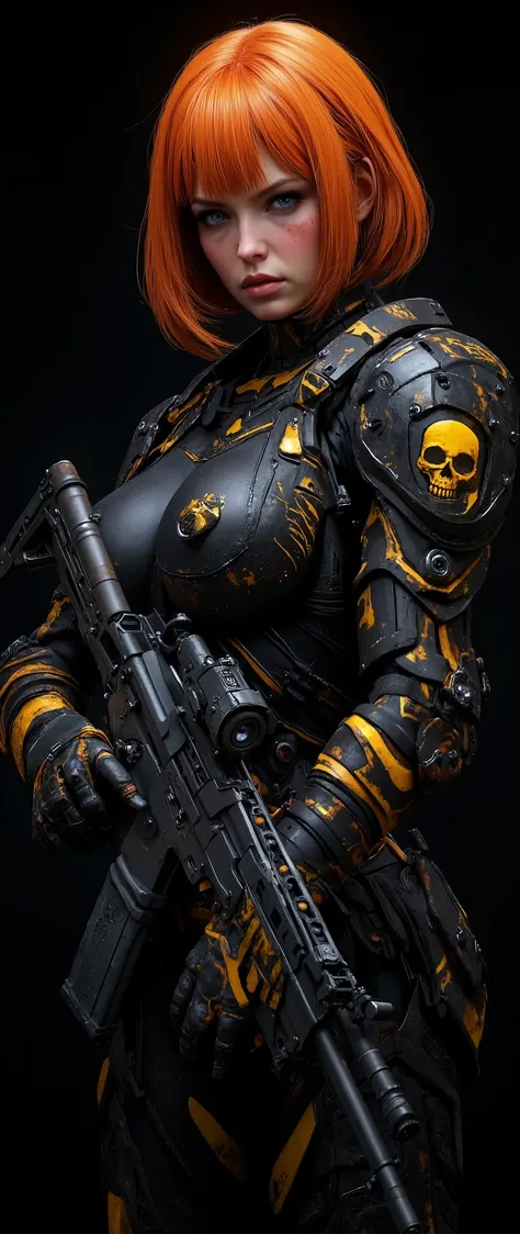The image shows a striking female warrior standing confidently against a pitch-black background, perfect for wallpapers. ((artwork, highest quality, highest image quality, high resolution, photorealistic, CRU photo, 8k)), (best quality, 4k, high resolution...