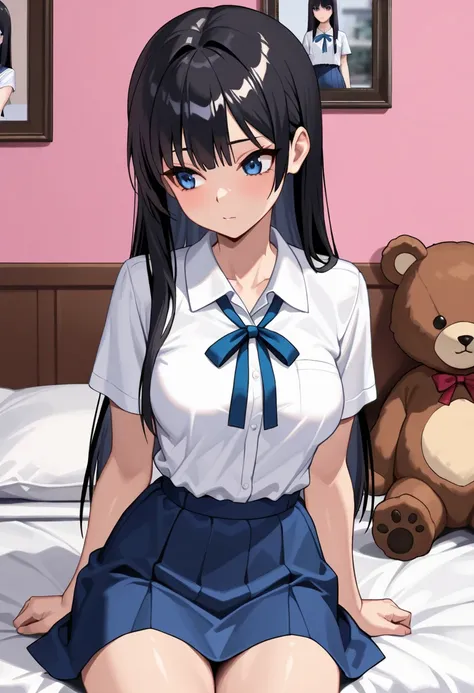 (masterpiece, ultra high definition, 16k, RAW photo, intricate), sharp focus, crisp details, 1girl , long hair, (glossy straight black hair, silky smooth straight hair), blue eyes, medium breasts, school uniform, white shirt, white collared shirt, blue ...