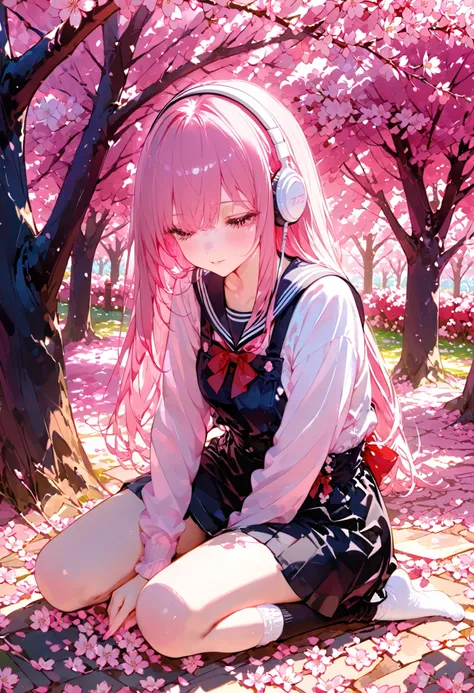 long haired girl , Wearing Pink, The overall playfulness and young々look of sitting in a crouched position, Headphones sitting in a squatting position. sailor style top with red bow accents and a black skirt {x} She's surrounded by a beautiful outdoor envi...
