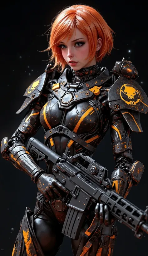 The image shows a striking female warrior standing confidently against a pitch-black background, perfect for wallpapers. ((artwork, highest quality, highest image quality, high resolution, photorealistic, CRU photo, 8k)), (best quality, 4k, high resolution...