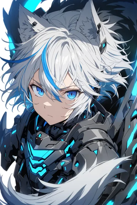 [(WHITE BACKGROUND:1.5),::5], ((masterpiece)), high quality, ultra very high resolution, full color, ((solo)), ((younger boy)), Black cyborg armor, Wolf ear,  (Wolf armor), ((Wolf mechanical tail)), ((men's White hair)), (Blue streaked hair), (SkyBlue eyes...