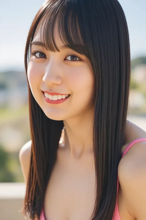 A high resolution photograph of a naked Japanese young woman named Kaki Haruka with straight long black hair with blunt bungs. flat chest, small breast, cute, sexy, beautiful, smile, teeth, looking at the viewer, natural lighting, film grain, lens flare gl...