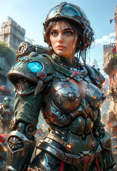 ((best quality)), ((masterpiece)), accurate, high details, Weaponized gloves, mechanical armor, heavy cavalry, science fiction movies, urban warfare, female soldier, major, Hide behind rubble, aim at enemy soldiers. Remove helmet, Shake her sweaty hair