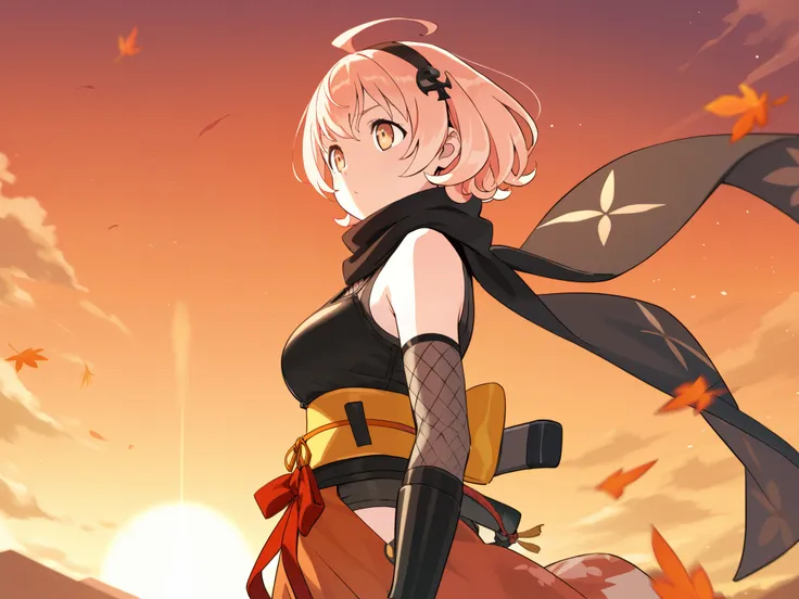Fighting boy and girl、Ninja、cool、beautiful、Autumn sky、sunset、 Compa、Shinobi、The distance is far、has movement、combat motion