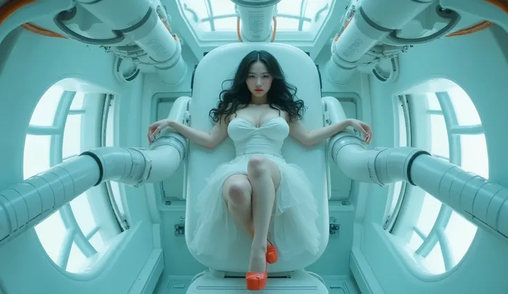 long elevated shot of (1woman), (top view), (full body), an albino European Japanese mixed woman, (((albino))), (pale white skin), [[slightly chubby]], soft curves, [medium firm breast], ((thick thigh)), (black hair), wearing a white mini dress with a thig...