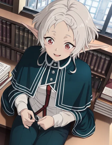 masterpiece, best quality, amazing quality,, sylphiette, short hair, ahoge, white hair, pointy ears, elf, mature female, anime screencap, long sleeves, uniform, shirt, white shirt, university, parted lips, solo, cowboy shot, solo, capelet, cape, window, ((...