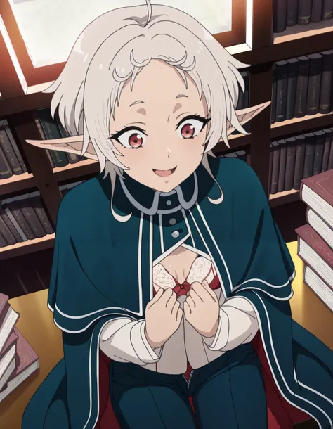 masterpiece, best quality, amazing quality,, sylphiette, short hair, ahoge, white hair, pointy ears, elf, mature female, anime screencap, long sleeves, uniform, shirt, white shirt, university, parted lips, solo, cowboy shot, solo, capelet, cape, window, ((...