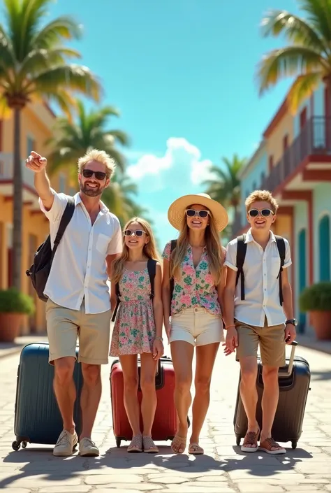 A hyper-realistic image of an American tourist family arriving in a vibrant, colonial-style Latin coastal city with a warm Caribbean atmosphere. The family consists of a 40-year-old father, a 35-year-old mother, a 15-year-old daughter, and an 18-year-old s...