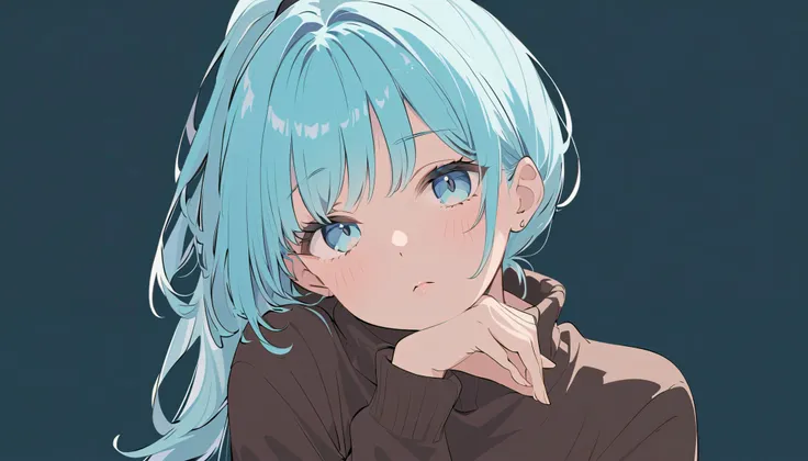 flat color, 
1girl, solo, 
light blue hair, ponytail, light blue eyes, 
resting her cheek on her hand, looking at viewer, upper body, 
from below, turtleneck sweater,
simple background, dark background,