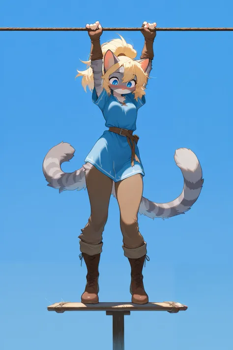 masterpiece, best quality, amazing quality, high resolution, absurdres, newest, furry, anthro, countershading, solo, katxl, Anthro furry feline, blue eyes, grey striped fur, blonde ponytail, spikey hair, slender body, pink nose, whiskers, small breasts, st...
