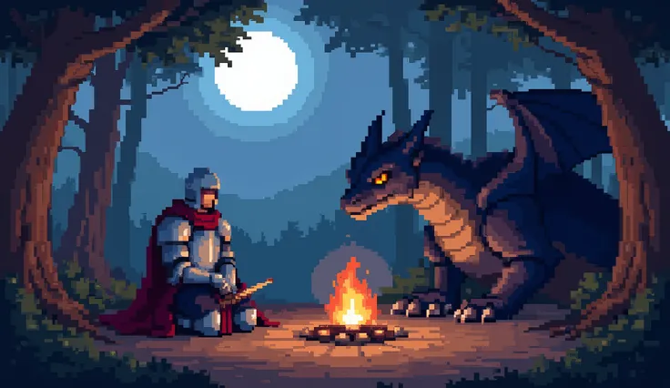 A pixel art scene of a medieval knight in silver armor sitting beside a campfire in a dark enchanted forest. A large, majestic dragon with glowing orange eyes rests nearby, watching over the knight. The full moon shines above, casting soft light over the s...