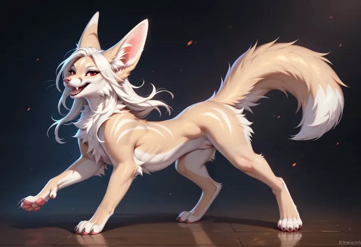 by Zackary911, by Kenket, by Kilinah, by fluff-kevlar, feral, mommy female white fennec fox, solo, long white hair, red eyes, fangs, full body, one big tail, dark background. dark priest with black and red cloack, seductive pose, pussy focus, full body co...