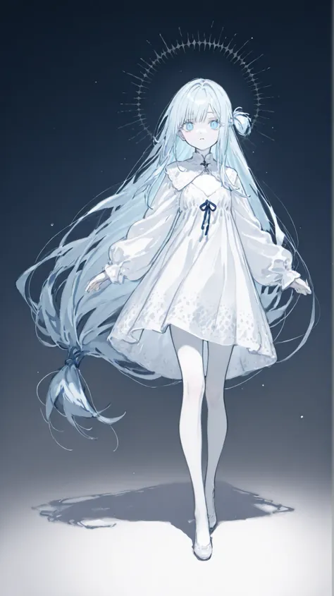 masterpiece、completely complete、super quality、best quality、 mysterious 、no expression、cool、 beauty、delicate、very long hair、hanging eye、sharp eyed、straight hair、long hair、anime style、((light blue hair tied at the top:1.5))、(( Dark Blue Eyes :1.5))、bungs 、pu...