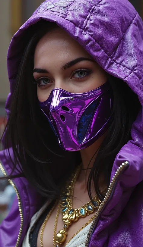 A hyper-realistic image of Mileena ( mortal kombat) dressed as a queen. Her costume is opulent and detailed, with rich fabrics , jewelry and precious metals, shining under dramatic lighting. Her metallic purple mask covers her face, displaying intricate de...