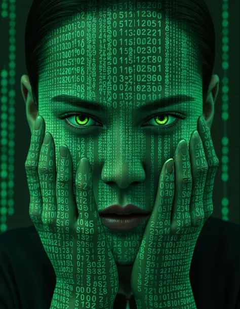 Woman Face with bangs and hands made of numbers, like from the movie "The Matrix" Everything is digital numbers from green light and black color vibrant