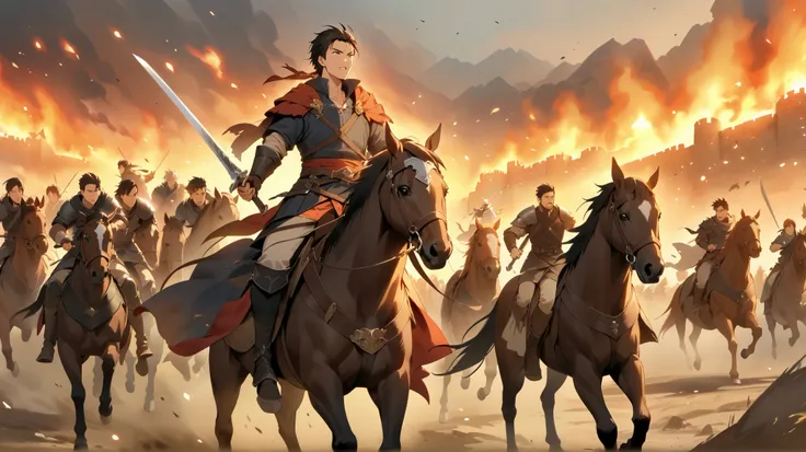 fantasy。middle ages。A young male warrior riding a horse and holding a sword while facing the enemy on the battlefield。A warrior who runs through a battlefield on horseback。The castle is burning in the distance。war。count4people。Enemies are coming。anime styl...