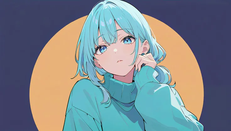 flat color, 
1girl, solo, 
light blue hair, ponytail, light blue eyes, 
resting her cheek on her hand, looking at viewer, upper body, 
from below, turtleneck sweater,
simple background, dark background,