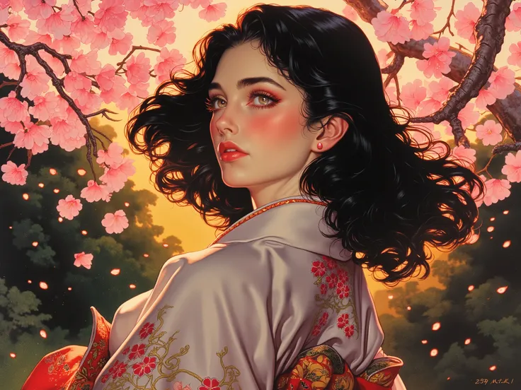 A beautiful Armenian woman, dark long hair in the wind, detailled embroidered Kimono.
Background Japanese garden. Falling cherry blossoms, cherry tree.
Golden hour lighting, lighting emphasis the falling cherry blossoms creating a dramatic feel.
(hyperdet...
