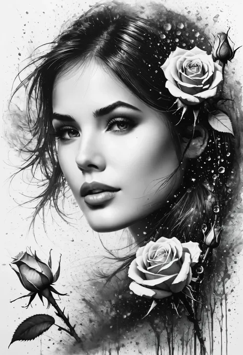 Charcoal drawing , Crayons, black pencil drawing, pencil drawing, Black and white drawing,  graphite drawing ,
poster, close up, full length, shadows,
((roses)) Macro photography,  beautiful girl's face blurred in the background (( advertising poster)), ((...