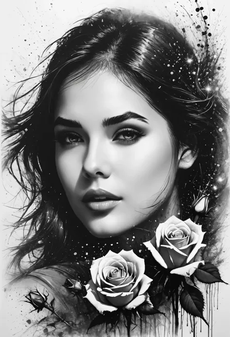 Charcoal drawing , Crayons, black pencil drawing, pencil drawing, Black and white drawing, graphite drawing ,
poster, close up, full length, shadows,
((roses)) Macro photography, beautiful girl's face blurred in the background (( advertising poster)), ((...