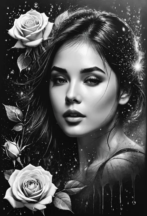 Charcoal drawing , Crayons, black pencil drawing, pencil drawing, Black and white drawing,  graphite drawing ,
poster, close up, full length, shadows,
((roses)) Macro photography,  beautiful girl's face blurred in the background (( advertising poster)), ((...