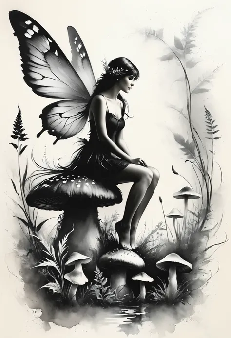 Charcoal and chalk drawings. Create a gentle and whimsical tattoo featuring a fairy with thin wings, sitting on a mushroom. The tattoo has a magical and playful meaning, symbolizing the wonder of your life. The tattoo is designed with floral accents, givin...