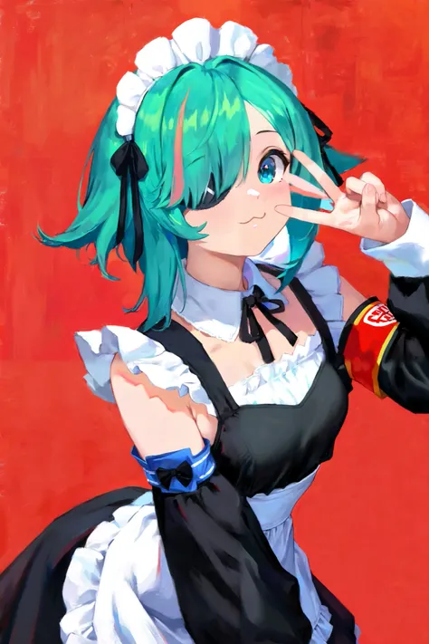masterpiece, best quality, high quality, very awa, painting style, oil painting, [(green_hair), 1girl, solo, one eye, detached sleeves, hero costume, visiblehighlights_(/blue coloring)/], (hair_over_eye,), solo,
v sign, <3, maid uniform, long sleeves, armb...