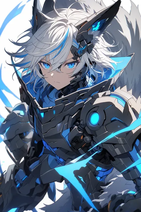 [(WHITE BACKGROUND:1.5),::5], ((masterpiece)), high quality, ultra very high resolution, full color, ((solo)), ((younger boy)), Black cyborg armor, Wolf ear,  (Wolf armor), ((Wolf mechanical tail)), ((men's White hair)), (Blue streaked hair), (SkyBlue eyes...