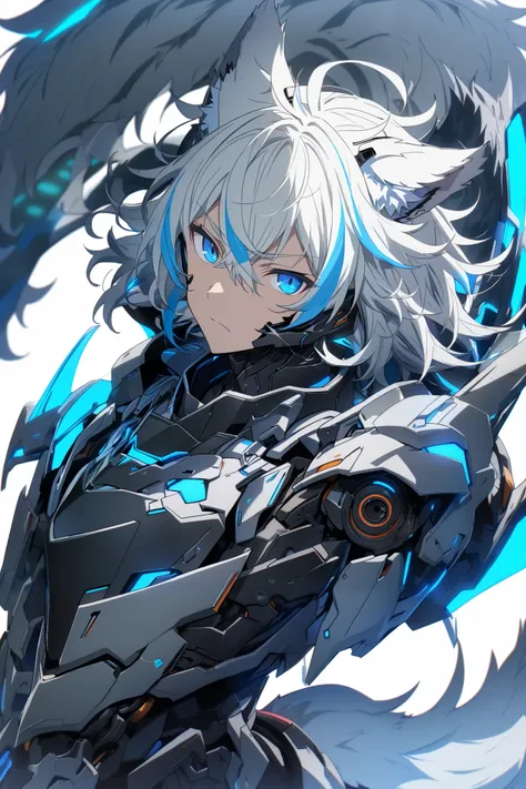 [(WHITE BACKGROUND:1.5),::5], ((masterpiece)), high quality, ultra very high resolution, full color, ((solo)), ((younger boy)), Black cyborg armor, Wolf ear,  (Wolf armor), ((Wolf mechanical tail)), ((men's White hair)), (Blue streaked hair), (SkyBlue eyes...