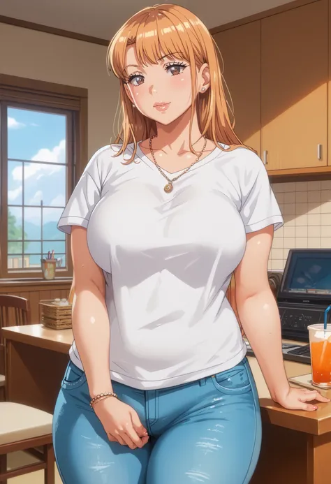 Masterpiece, 8k quality, extremely detailed, Aika sano, ane wa yanmama junyuu-chuu, indoors, orange hair, brown eyes, plump, thick thighs, big breasts, necklace, t-shirt, jeans