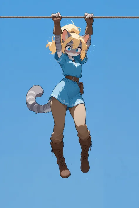 masterpiece, best quality, amazing quality, high resolution, absurdres, newest, furry, anthro, countershading, solo, katxl, Anthro furry feline, blue eyes, grey striped fur, blonde ponytail, spikey hair, slender body, pink nose, whiskers, small breasts, st...