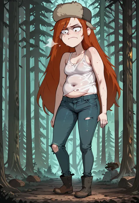 wendy, long hair, source_anime, fur hat, 1girl, orange hair, solo, freckles, earrings,, torn clothes, tank top, pants, jacket around waist,, clothes around waist tight jeans, deep navel, belly folds, love handles, boots,, long hair, fat prominent neck, ...
