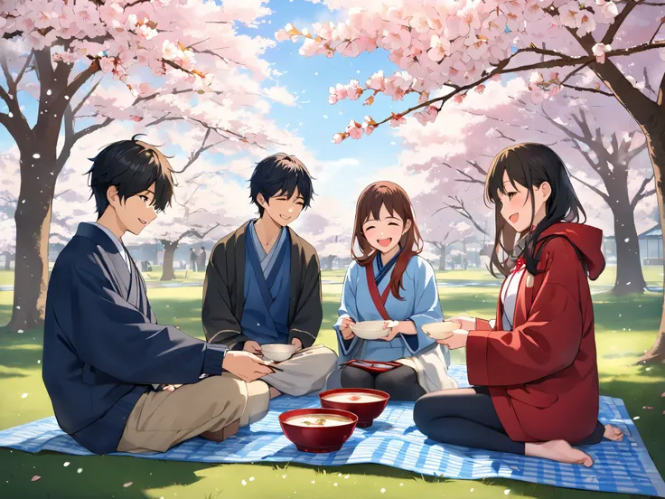 It's snowing, the cherry blossoms are in full bloom
A spring picnic scene in a Japanese park filled with cherry blossoms in full bloom. It is early May and unseasonal snow is falling gently onto the blossoms. (((Five young Japanese adults, university stud...
