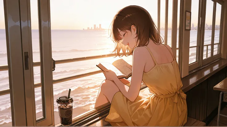 A peaceful beachside café in Busan, where the waves gently crash in the distance. Jiwon, now a university student, sits by the window,hold an iced coffee as she reads a book. She wears a light yellow sundress, her brown hair tucked behind her ear as a soft...