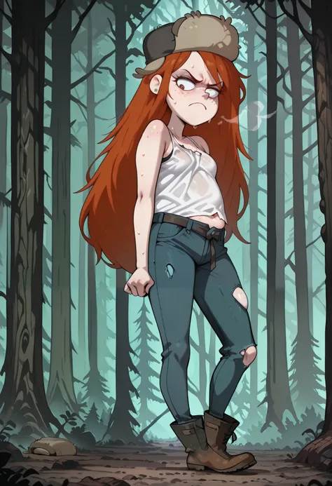 wendy, long hair, source_anime, fur hat, 1girl, orange hair, solo, freckles, earrings,, torn clothes, tank top, pants, jacket around waist,, clothes around waist tight jeans, love handles, boots,, long hair, , (gained put on weight:1.2), plump body, (bo...