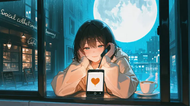 A cozy bookstore café on a rainy afternoon. Jiwon sits by a large window, stirring her latte as she scrolls through her phone. Her eyes widen slightly when she sees Seojin’s latest social media post—a photo of the full moon, captioned, "The pure white moon...
