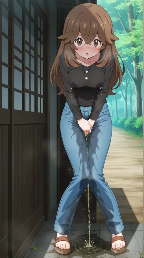 masterpiece, best quality, amazing quality, 1girl, youthful female, leaf from pokemon, long brown hair, no headwear, (lactation), medium breast, (wetting herself:1.5), (desperation), (peeing), large wet pee stain, pee stain visible on her pants, soaking we...