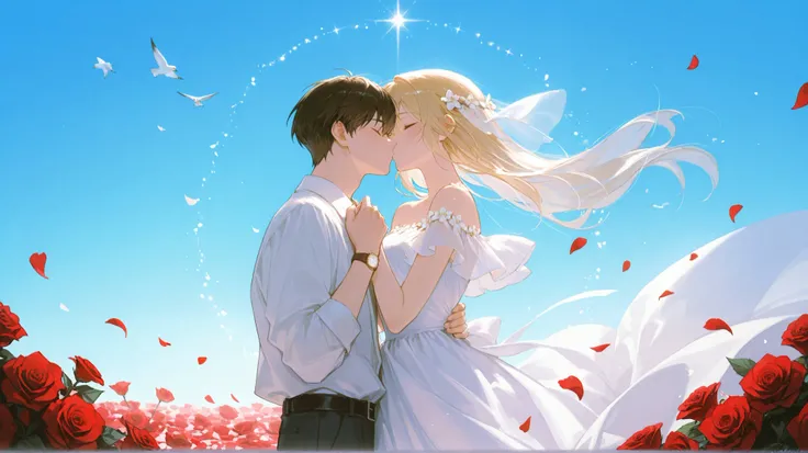 A sunlit garden wedding surrounded by blooming roses and fairy lights. Jiwon, radiant in a flowing white gown, holds Seojin’s hands as they exchange vows. He gazes at her with unwavering affection, his usual serious expression softened with love. Their clo...