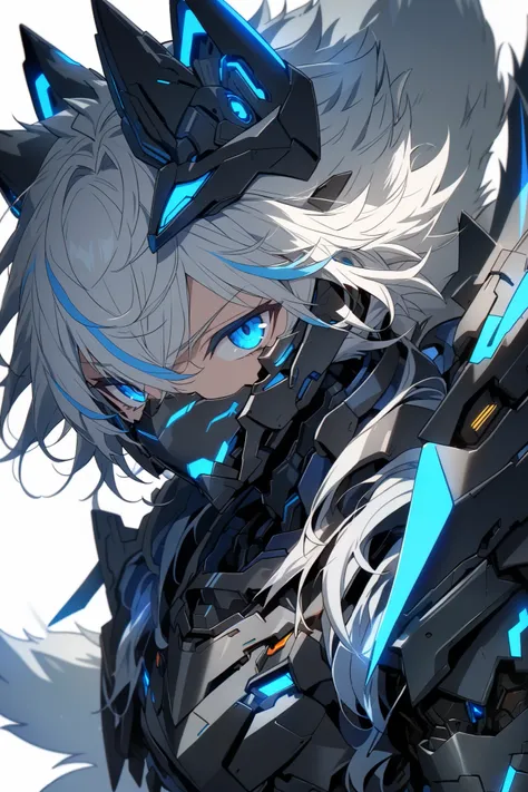 [(WHITE BACKGROUND:1.5),::5], ((masterpiece)), high quality, ultra very high resolution, full color, ((solo)), ((younger boy)), Black cyborg armor, Wolf ear,  (Wolf armor), ((Wolf mechanical tail)), ((men's White hair)), (Blue streaked hair), (SkyBlue eyes...