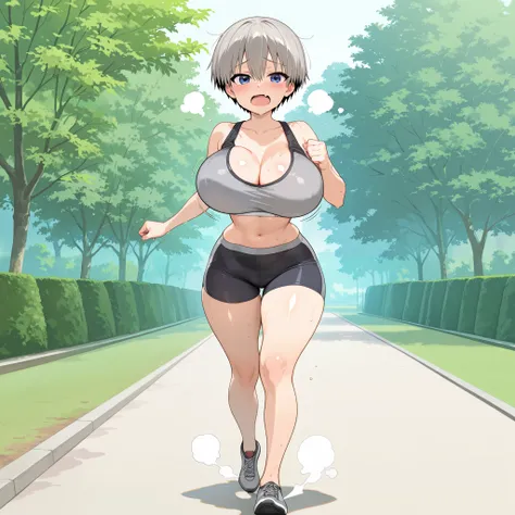 1girl, solo, uzaki hana, big breasts, narrow waist, wide hips, thighs, gray sports bra, black biker shorts, blushed, tired expression, open mouth, fang, cute, sweaty, steam, shiny skin, bouncing breasts, jogging, standing, full body, looking at viewer, par...