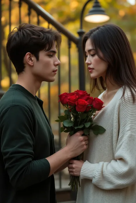 A very natural realistic detailed shot of a 20 year old American face young man with medium long black hair clean saved face in dark green t shirt jacket with 20 year old beautiful American young woman face with black long hair and white long sweater on a ...
