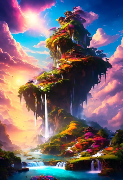 Artwork, best quality, BETTER QUALITY, Flying Island, waterfalls cascading off the island , Fantasy Worlds, Stunning panoramas , colorful clouds , Flashy colors,