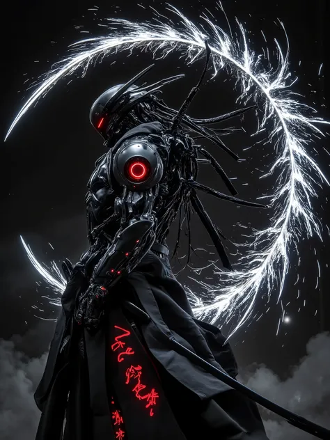 . "A cybernetic samurai, clad in sleek black armor with glowing red engravings, unsheathes his plasma katana. As he swings, a crescent-shaped energy wave erupts, cutting through metal, air, and even space itself, leaving a glowing trail of destruction."