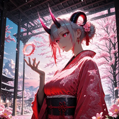 In the soft golden-pink twilight sky, a mystifying demoness descends, her sharp horns and glowing red eyes piercing through the warm light. Long silver hair flows like cherry blossom petals as she lands with a gentle katana grip, black and red kimono billo...