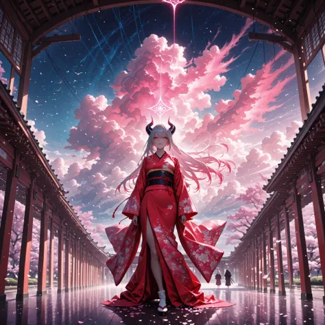 In the soft golden-pink twilight sky, a mystifying demoness descends, her sharp horns and glowing red eyes piercing through the warm light. Long silver hair flows like cherry blossom petals as she lands with a gentle katana grip, black and red kimono billo...
