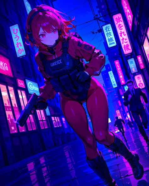(best quality), (masterpiece), amazing quality, absurdres, highly detailed, 1girl, solo, solo focus, random hairstyles, tactical headset, black leotard, red sleeves, black gloves, full pantyhose, red pantyhose, black boots, knee boots, tactical gear, (hold...