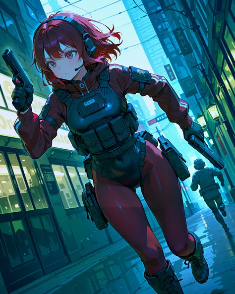 (best quality), (masterpiece), amazing quality, absurdres, highly detailed, 1girl, solo, solo focus, random hairstyles, tactical headset, black leotard, red sleeves, black gloves, full pantyhose, red pantyhose, black boots, knee boots, tactical gear, (hold...