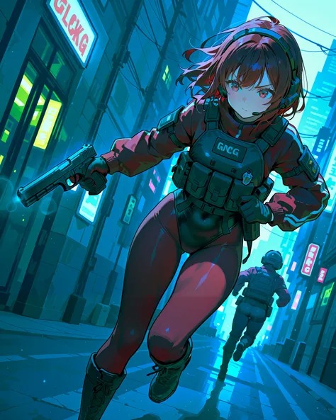 (best quality), (masterpiece), amazing quality, absurdres, highly detailed, 1girl, solo, solo focus, random hairstyles, tactical headset, black leotard, red sleeves, black gloves, full pantyhose, red pantyhose, black boots, knee boots, tactical gear, (hold...