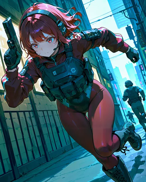 (best quality), (masterpiece), amazing quality, absurdres, highly detailed, 1girl, solo, solo focus, random hairstyles, tactical headset, black leotard, red sleeves, black gloves, full pantyhose, red pantyhose, black boots, knee boots, tactical gear, (hold...