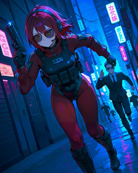 (best quality), (masterpiece), amazing quality, absurdres, highly detailed, 1girl, solo, solo focus, random hairstyles, tactical headset, black leotard, red sleeves, black gloves, full pantyhose, red pantyhose, black boots, knee boots, tactical gear, (hold...